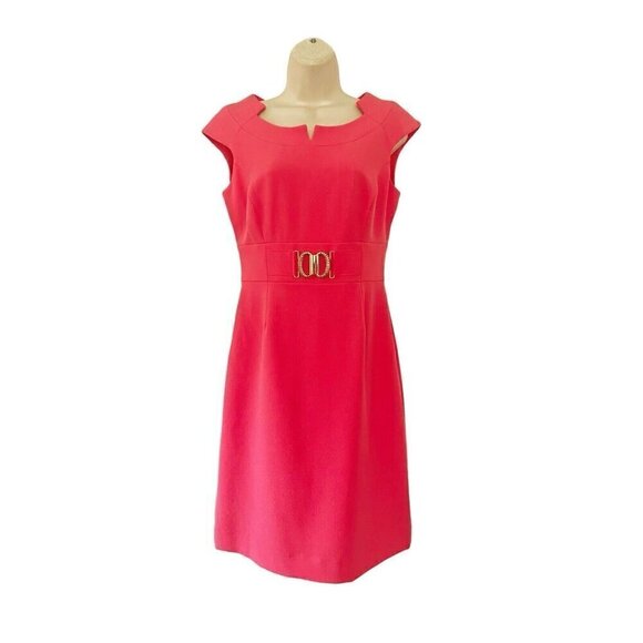 Tahari Dresses & Skirts - Tahari Arthur Levine Woman's Sz 4 Coral Pink Sheath Dress Gold Belted Front